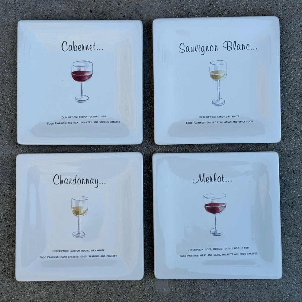 Vintage Pottery Barn Set of 4 White Wine Guide Ceramic Appetizer Plates 6.5”